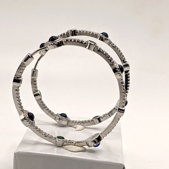 Blue/ Green Gemstone Hoop Earrings, Tennis Bracelet  Ring Matching set S. Silver - Picture 8 of 15